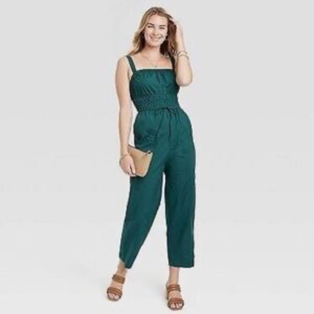 Universal Thread Green‎ Hue Smocked Waist Wide-Leg Cropped Jumpsuit Size XL